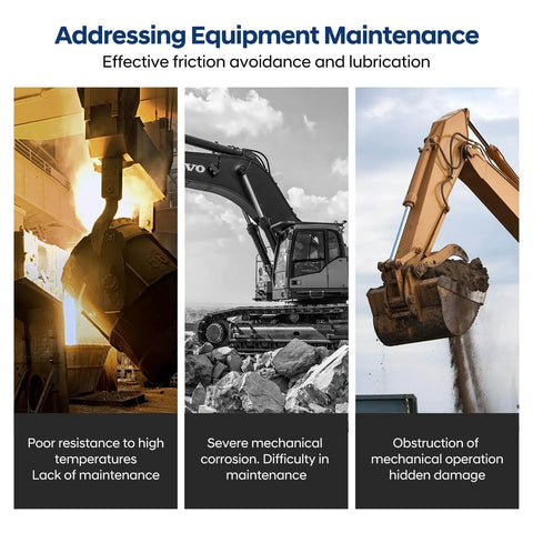Three-panel image showing challenges in equipment maintenance: high temperatures, mechanical corrosion, and operational obstruction.