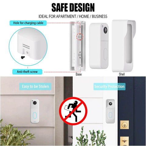 Forty Five Degree Adjustable Doorbell Camera Mount With Weatherproof Cover For Blink Video Doorbell 2025 2nd Gen Two Installation Options No Drill Or Screws White, showing base, shell, and anti-theft screw