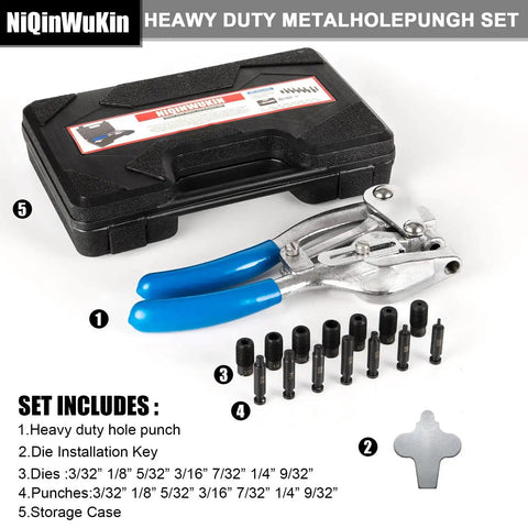 Pro Grade Metal Hole Punch Tool Set For Aluminum Brass And Steel, Beefed-Up Hand Punches 3/32 Inch To 9/32 Inch with storage box