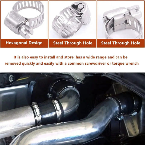Stainless Steel Worm Gear Hose Clamps Set Of 40 Pcs Adjustable 8 To 44mm Range With 8 Sizes For Water Pipe Plumbing Fuel Line And Mechanical Applications Durable Corrosion Resistant By UD, showcasing installation on pipes and close-up details.