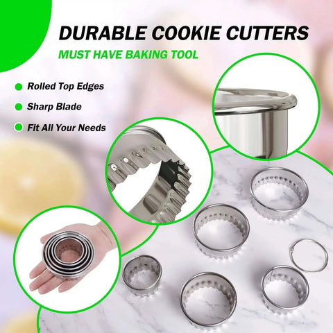 Fluted Round Cookie Cutter Set With Scalloped Biscuit And Circle Crinkle Cutters In Five Sizes Two Inch Through Three And A Half Inch Heavy Duty Food Grade Stainless Steel Rust Resistant With Comfortable Rolled Rim For Easy Handling, shown with durable steel design and rolled rims for baking.