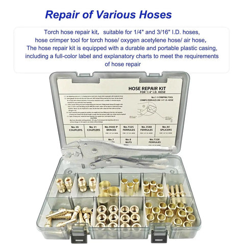 58 Piece Hose Repair Kit For 1/4 Inch I.D. Hoses With Crimp Tool And Fittings in an open portable case