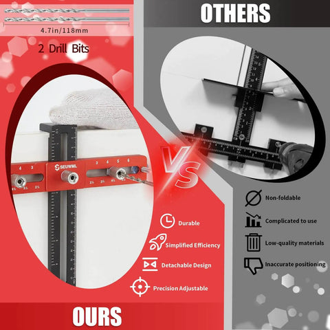 Effortlessly align cabinet hardware with a precision adjustable jig that supports multiple hole spacings, self-centering drill guide.