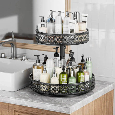 Two Tier Lazy Susan Organizer Turntable Spice Rack 12 Inch Adjustable Metal Rotating Handy Space Saving Storage for Bathroom Vanity