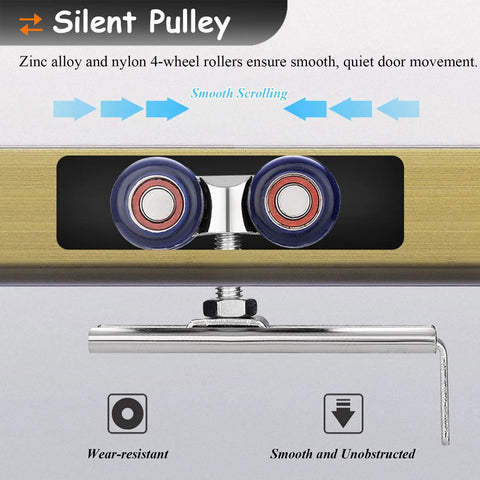 Close-up of Double Track Bypass Barn Door Hardware Kit For Aluminum Sliding Pocket Door Track, Room Divider Or Closet Use, Smooth Quiet Bypass With 4 Wheel Silent Rollers, Zinc Alloy And Nylon Construction, Includes Bottom Guide, Silver 50 Cm showing silent pulley and rollers.