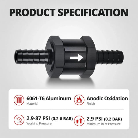 One Way Fuel Check Valve Inline Three Eighths Inch OD 10mm Non Return Diesel Gasoline Black 6061 T6 Aluminum Alloy EVIL ENERGY