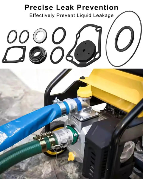 2 Inch Mechanical Water Pump Gasket Repair Seal Kit With Gasket Seal Flapper Washer And O Ring For Predator Semi Trash 212cc And Pacific HydroStar 61986 68375 69774 63405 56160 Replacement kit shown with pump installation and seals layout.
