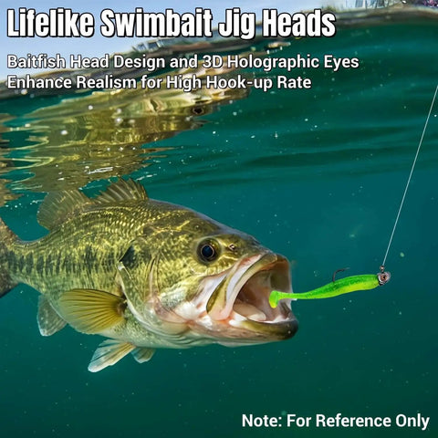 Fish approaching lifelike swimbait with 3D eyes bass jig heads for fishin and angling, visible underwater for saltwater fishing.