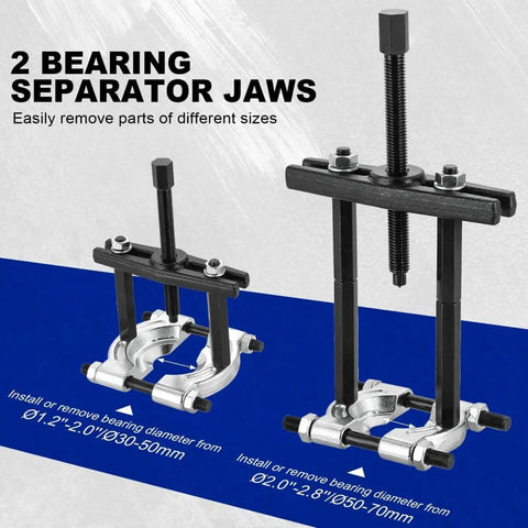 5 Ton Bearing Puller Set With 2 Inch And 3 Inch Jaws Beefy Heavy Duty Bearing Separator And Wheel Hub Axle Puller Pinion Wheel Bearing Removal Kit 14 Piece Splitter Tool Kit For Auto And Truck Maintenance with 2 bearing separator jaws displayed on blue background