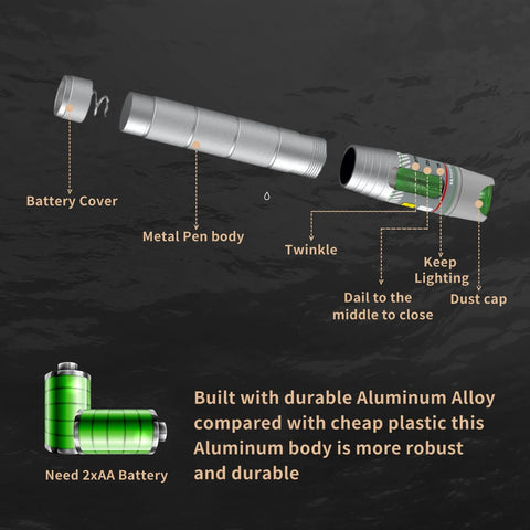 2PCS visual fault locator for fiber optic cables, silver aluminum pen-style body with removable cap and battery access