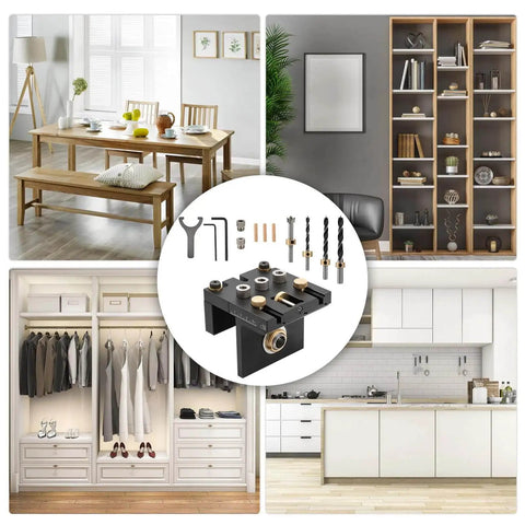 3 In 1 Dowel Jig Kit Self Centering Doweling Jig For Straight Dowel Holes with accessory bits and tools displayed in home settings