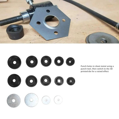 3D Printed Dimple Die Set With Steel Backing Discs For Harbor Hydraulic Punch Driver Kit with carbon steel dies displayed
