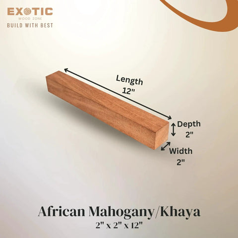 2x2x12 African Mahogany Wood Turning Blanks For Lathe Work And Carving, Kiln Dried Hardwood For DIY Projects, Pro Grade 2 Piece Set By Exotic Wood Zone showing dimensions and material