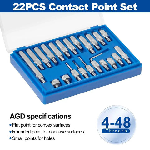 Dial Indicator With Magnetic Base For Precision Alignment And Measurement 0 To 1 Inch Range, 0.001 Inch Resolution, Long Arm Design, Includes 22 Piece AGD Spec Contact Points And 4 To 48 Threads For Machining Automotive And Industrial Inspection contact point set in blue case
