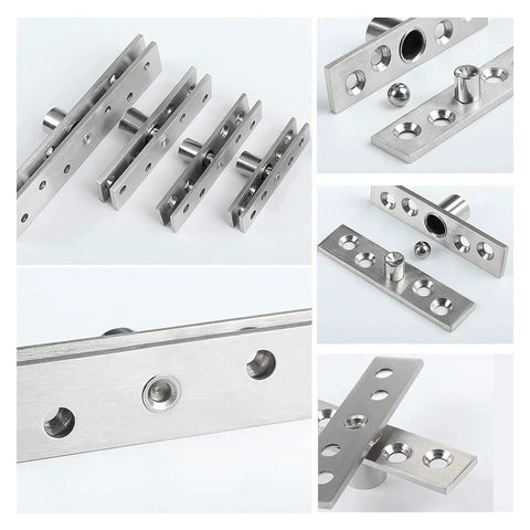 Collage of 360 Degree Hidden Pivot Hinge Set Stainless Steel Concealing Door Hinges Center Pivot Up Down Shaft 2 Pack showing details