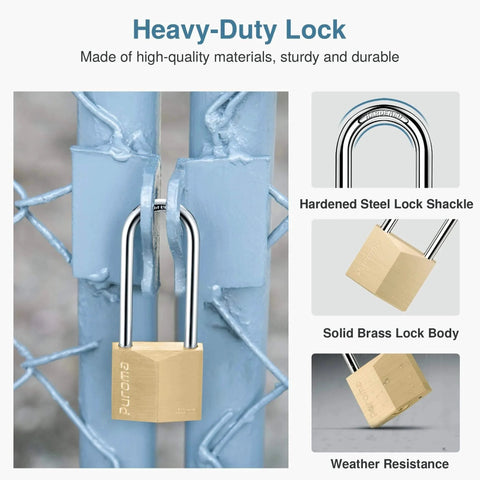 Keyed Padlock Waterproof Solid Brass Lock 2.6 Inch With Keys For Sheds Storage Units featuring hardened steel shackle on fence.