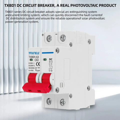 2P 1000V 63A Solar DC Mini Circuit Breaker with Thermal Magnetic Trip, mounted on DIN rail for solar PV systems