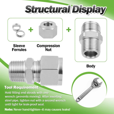 Compression adapter set, stainless steel 304, 3/4 in OD x 3/4 in NPT male, pack of 2