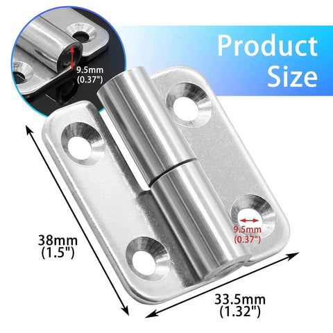 Close-up of Six Piece Stainless Steel Right Lift Off Hinges For Cabinets And Boxes showing measurements, 1.5 inch size.