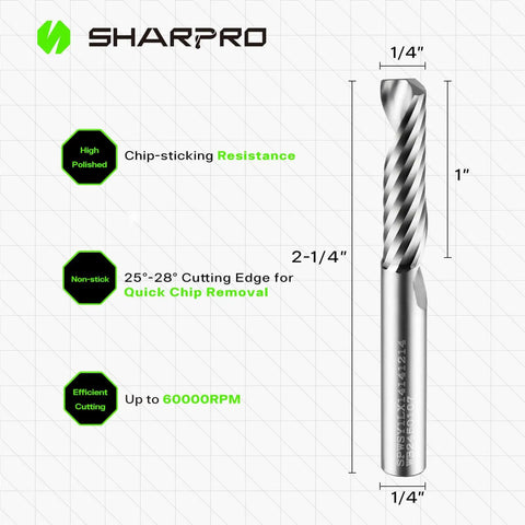 Beefy Upcut Spiral Router Bit 1/4 Inch Shank, 1/4 Inch Cutting Diameter, carbide bit with details for chip resistance and quick chip removal.
