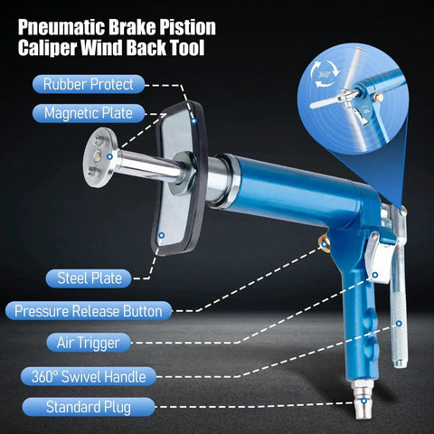Pneumatic brake caliper wind-back tool, blue side view with 360-degree swivel handle and plate assembly