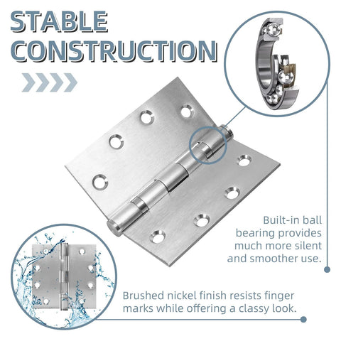 Door hinges, 4.5x4.5 in, stainless steel ball bearing, brushed nickel finish, 6-pack