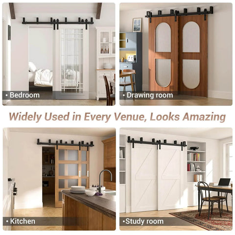 6Ft Double Track Bypass Sliding Barn Door Hardware Kit for Two Doors in bedroom, drawing room, kitchen, and study room settings