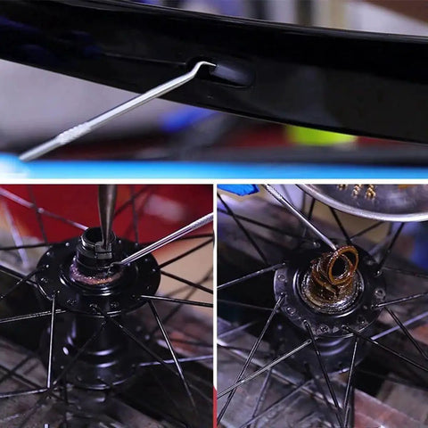 6.5 Inch 4 Piece Hook And Pick Set With Comfort Grip shown removing oil seal and gasket in bicycle wheel hub for repair
