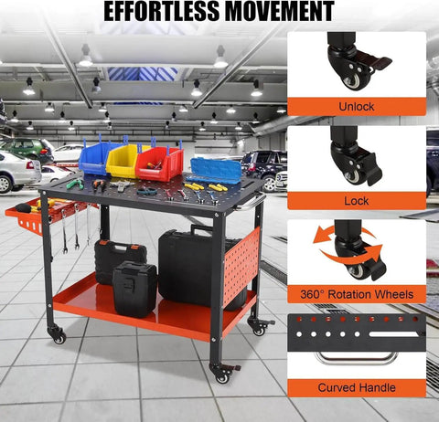 36 By 24 Inch Steel Welding Table With Heavy Duty Frame And 1200 Pound Capacity in a garage setting, showing tool trays and casters.