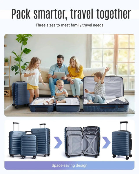 Family unpacking Durable 3 Piece Luggage Set Light Flight With Easy Glide Spinner Wheels And TSA Lock Lightweight Hard Shell ABS Royal Blue