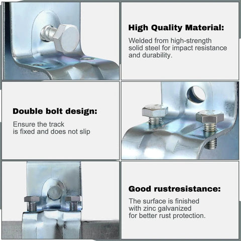 4 Pack Barn Door Rail Brackets With Bolts Heavy Duty Exterior Box Hanger Hardware Galvanized Steel Splice Bracket For Easy Rail Mounting No Welding Needed Durable Sliding Door Support Kit close-up