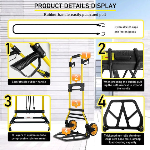 Foldable Aluminum Hand Truck Dolly With 440lbs Capacity Portable Luggage Cart Rubber Wheels shown with key features like rubber handle and non-slip base.