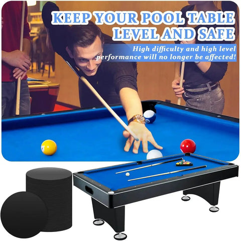 Person playing billiards on a pool table with 30 Piece Black Rubber Pool Table Leg Shims For Leveling On Sloped Floors 3 Inch Diameter Foot Pads shown