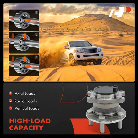 Diagram of high-load capacity wheel bearing with axial, radial, vertical references, shown with car in desert landscape.