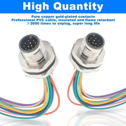Unshielded M12 12-Pin A-Code Connector Cable, 0.2M Straight Back-Mount, IP67 Waterproof Aviation Sensor Lead, PVC Jacket, Two-Pack