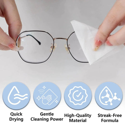 Pre Moistened Lens Wipes For Eyeglasses AR Coated Lenses Screens Streak Free in use on glasses with product features displayed