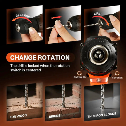 Steps to change rotation on 20V Cordless Drill And 120 Piece Home Tool Kit, showing grip, release, and drill bits for various surfaces.
