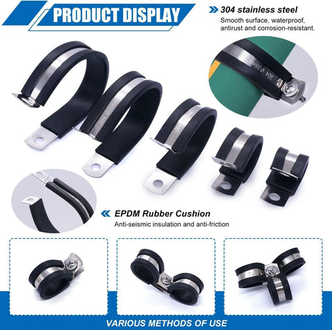 Twidec 110Pcs cable clamp kit; 304 stainless steel with rubber cushions, 10 sizes, handheld box