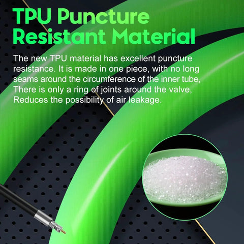 Close-up of green TPU puncture-resistant mountain bike inner tube with Presta valve and material detail. Ultralight TPU Mountain Bike Inner Tubes For 29 Inch Tires Two Pack With Presta Valve 45mm Durable High Pressure Tubing For MTB Bicycles 29x1.9 To 2.5 Compatible.