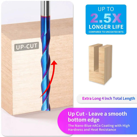 Close-up of Extra Long 4 Inch Upcut Spiral Router Bit With One Quarter Inch Shank And One Quarter Inch Cutting Diameter Solid Carbide Blue Nano Naco Coating for CNC Wood Cutting Trimming And Carving inserted in wood.