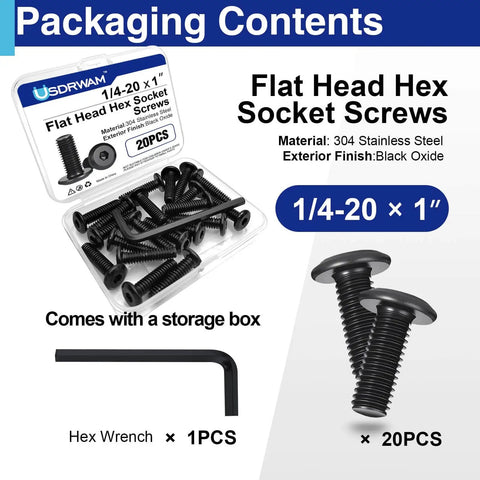 20 Pack Flat Head Socket Cap Screws Bolts 1 Inch Long 304 Stainless Steel Black Zinc Plated Finish with hex key