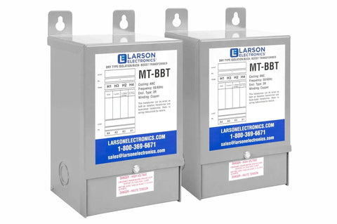 Two units of Three Phase Delta Buck Boost Step Up Transformer 208V Primary To 230V Secondary Heavy Duty Power Converter, front view.