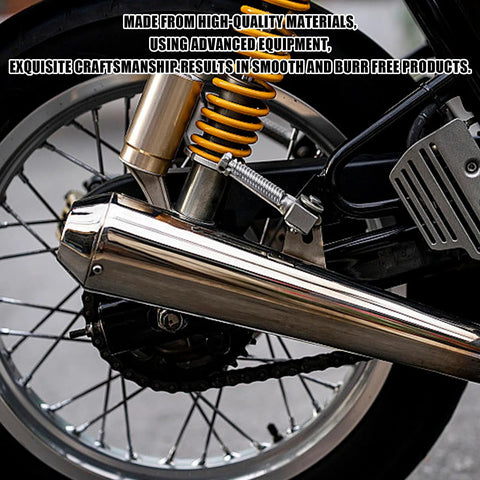 Motorcycle exhaust pipe springs, side view, stainless steel, 65mm, silver, mounted on chrome muffler