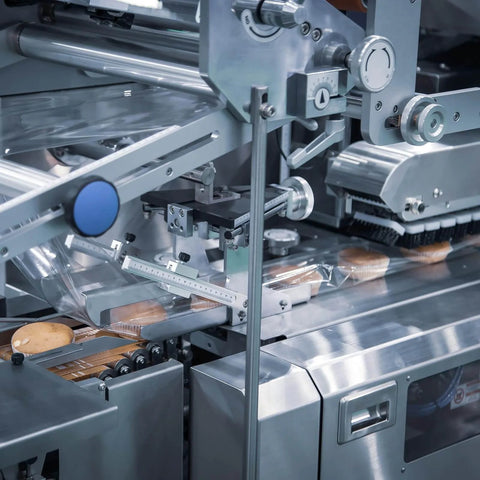 Industrial food packaging machine with conveyor and sealing components