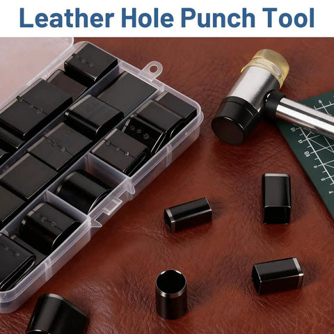 52 Shapes Leather Hole Punch Set With Hollow Punch Dies For Belts And DIY Crafts, shown with case and mallet on leather surface.