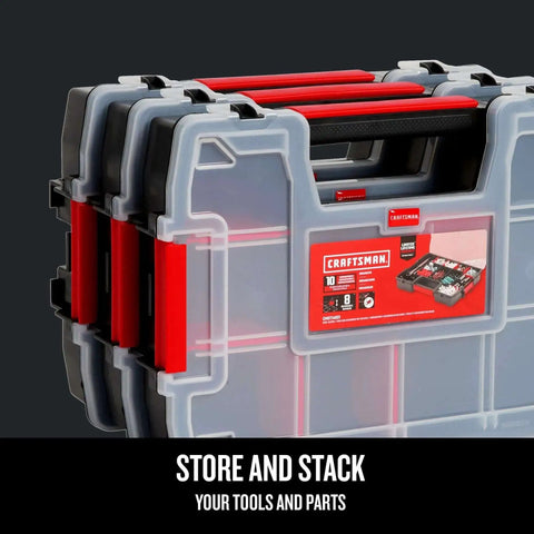 Front view of three-pack small parts organizer with ten compartments and removable dividers, secure latch lids for sturdy stacking.