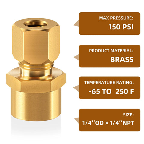 Brass compression tube fitting, straight coupling adapter, 1/4 in OD to 1/4 in NPT female