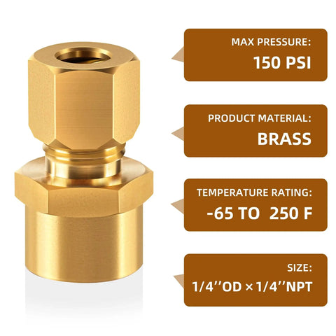 Brass Compression Tube Fitting Straight Coupling Adapter One Quarter Inch Tube OD To One Quarter Inch NPT Female Connector