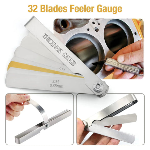 Universal Piston Ring Squaring Tool With 32 Blades Feeler Gauge For End Gap Measurement displayed with close-up on thickness gauge and tool use.
