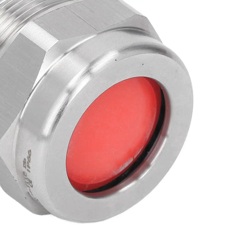 Close-up of Stainless Steel Cable Gland Connector IP66 Explosion Proof, 304 Stainless, G1 Thread and M32 NPT 1 Inch, red seal visible